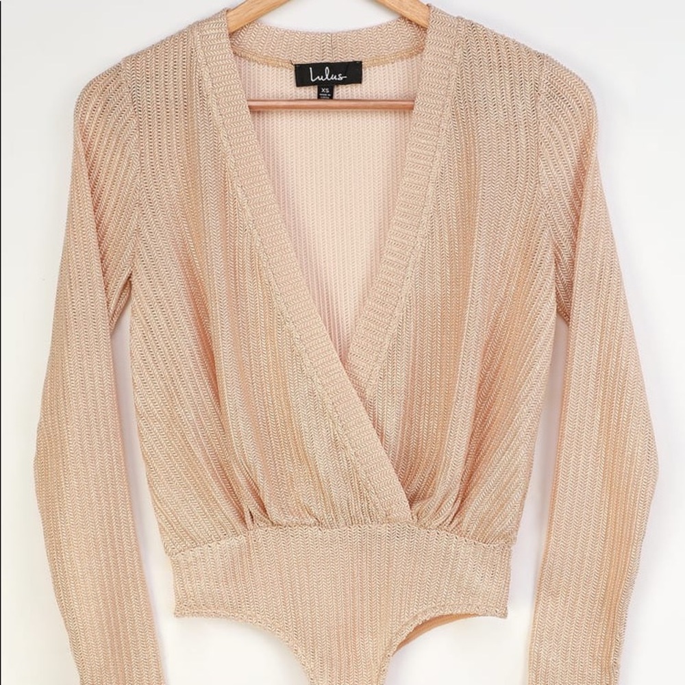 NWT Lulus Gold Metallic Surplice Bodysuit XS